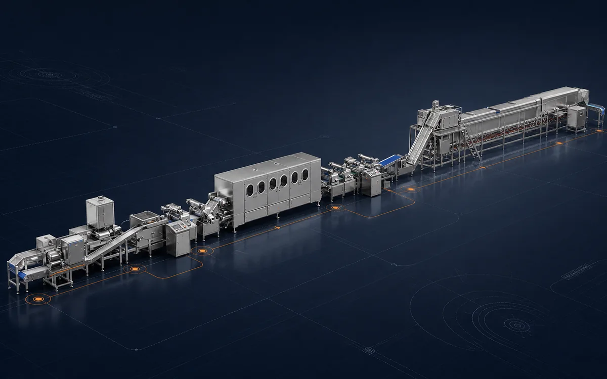 Engineering concept visualization of a connected industrial food processing line arranged around a defined process route