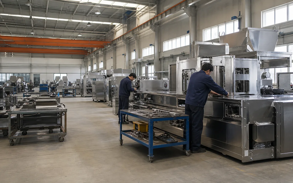 concept visualization of stainless-steel food machinery assembly in an industrial workshop