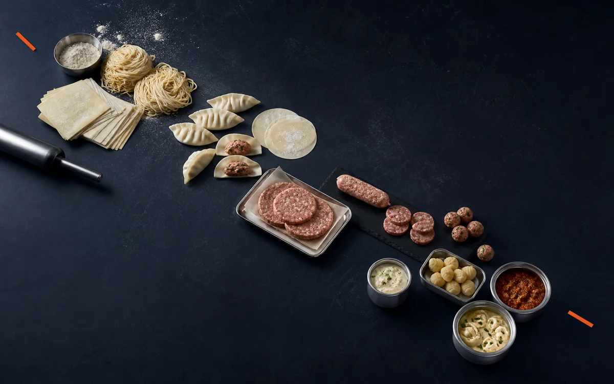 concept arrangement of noodles, wrappers, dumplings, sausage and prepared foods