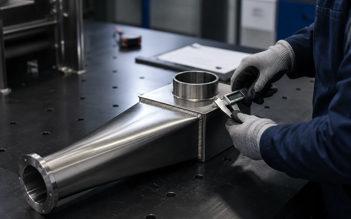 concept of dimensional inspection on a stainless-steel machinery component