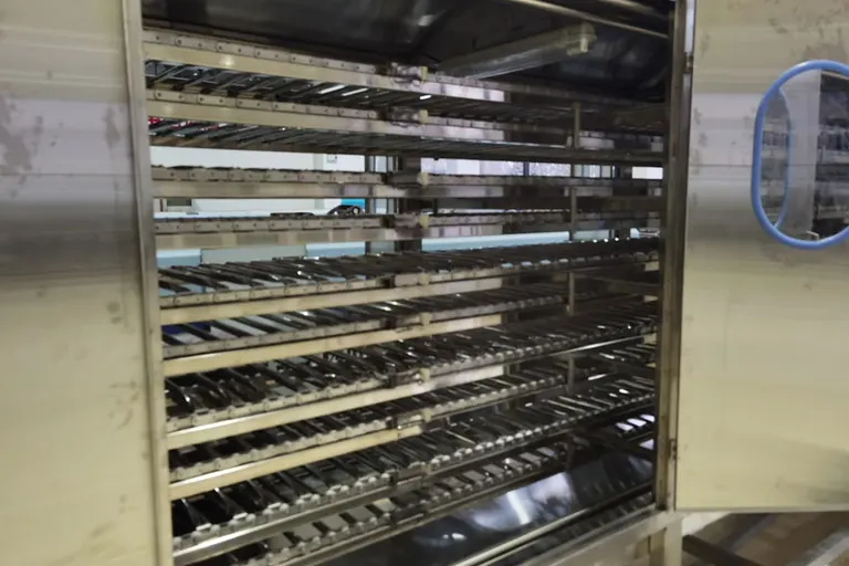 Noodle trays moving through a downstream drying process