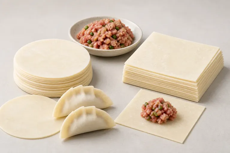Round and square wrappers with filling and sample formed products