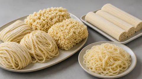 Fresh, wavy, air-dried and cooked Asian noodles as an illustrative production reference