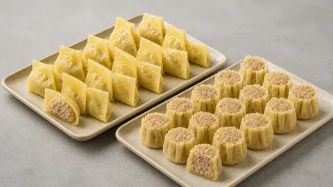 Folded wontons and open-top shumai as an illustrative production reference