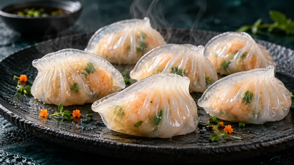 Steamed crystal dumplings with translucent pleated starch wrappers and intact seals