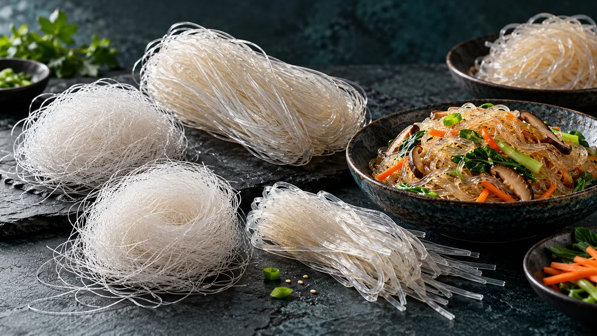 Fine clear vermicelli nests, medium glass-noodle bundles and a cooked translucent noodle dish
