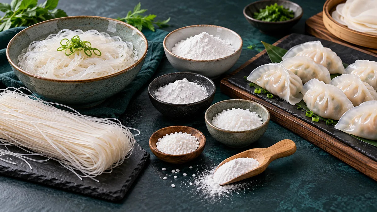 Starch noodles and translucent dumplings arranged in separated preparation zones with unlabelled starch ingredients