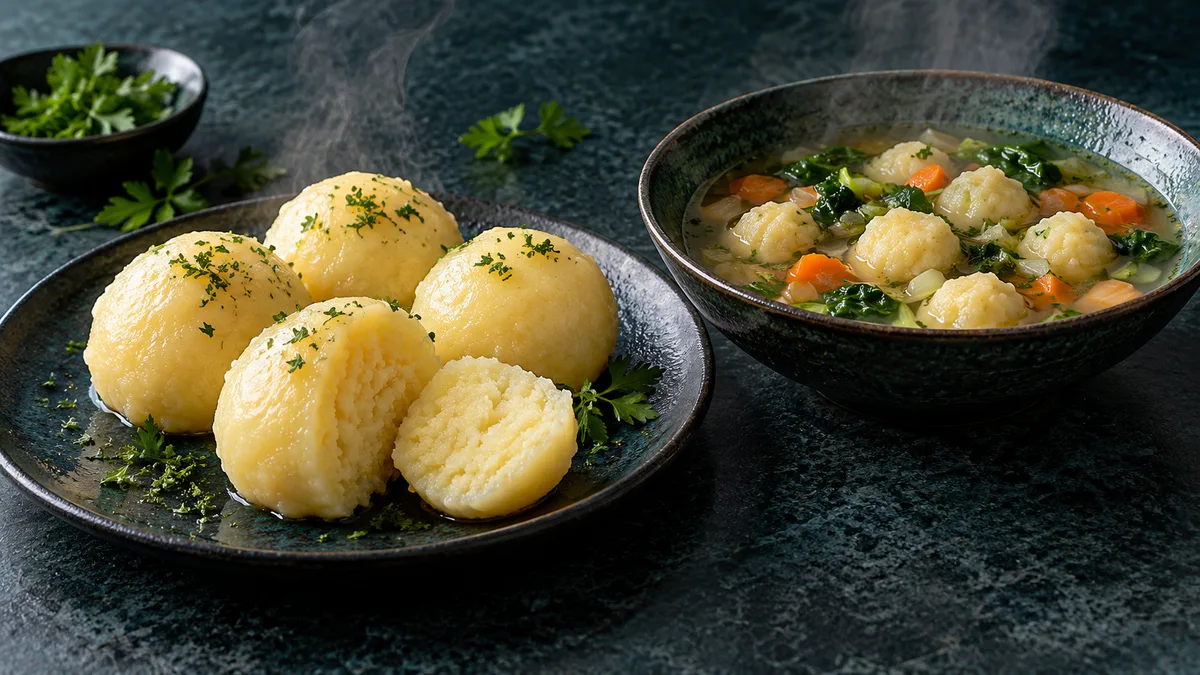 European-style boiled potato dumplings and smaller Korean-style potato balls served in soup