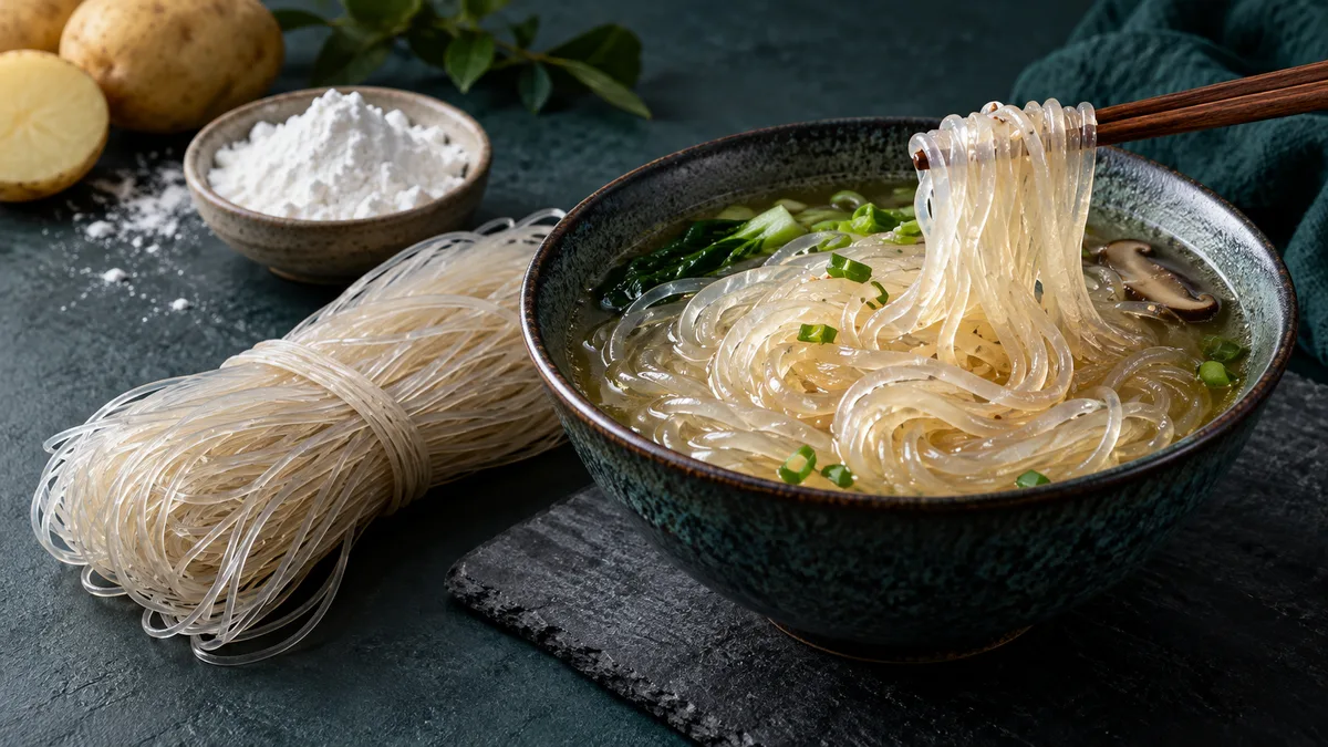 Dry and cooked translucent potato starch noodles beside potato starch and whole potatoes
