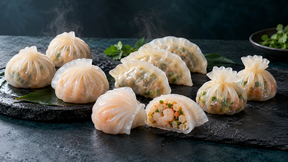 Several filled dumpling formats with translucent starch-based wrappers and visible sealed edges