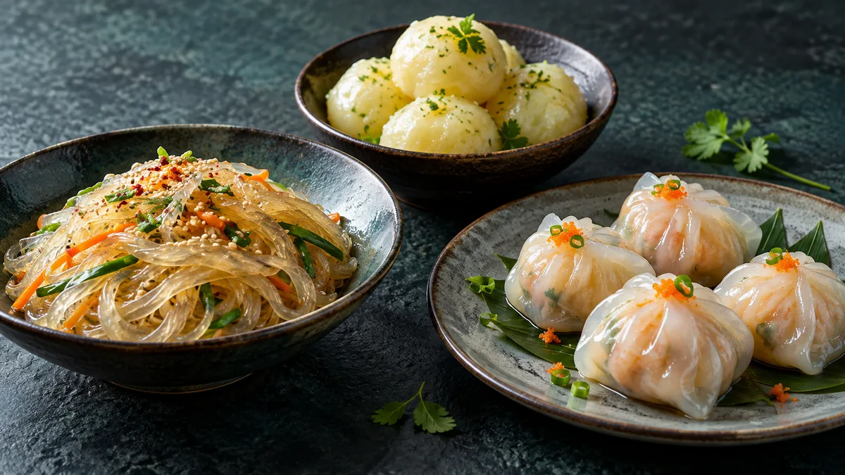 Glass noodles, crystal dumplings and potato dumplings illustrating global starch-based food applications
