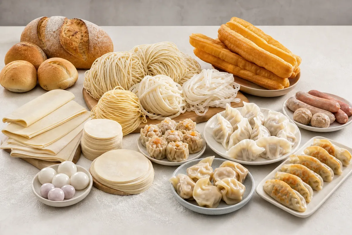 Noodles, dumplings, gyoza, wontons, shumai, dough sheets, wrappers, youtiao, bread, tangyuan, sausages and meatballs representing applications for HELPER equipment