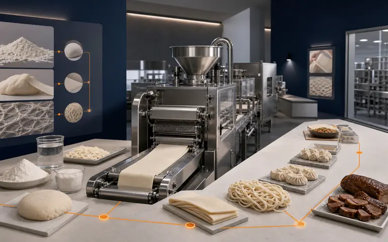 Concept visualization connecting food materials and finished products with a processing route