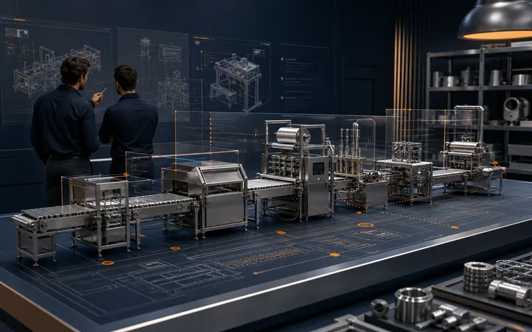Concept visualization of engineers configuring modular food-processing equipment into a production line