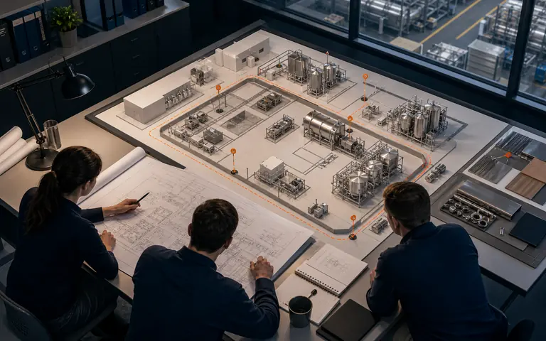 Concept visualization of a technical team reviewing a food factory layout and project boundary