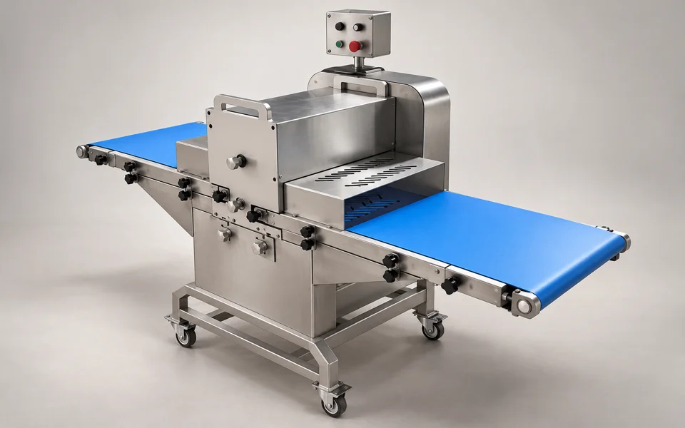 AI-assisted product visualization of the HELPER LC-500 meat cutter with blue conveyor belts