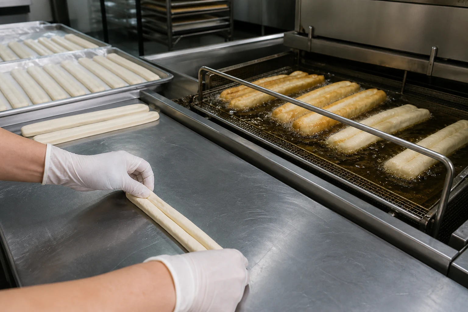 Commercial preparation scene showing paired youtiao dough strips and controlled frying