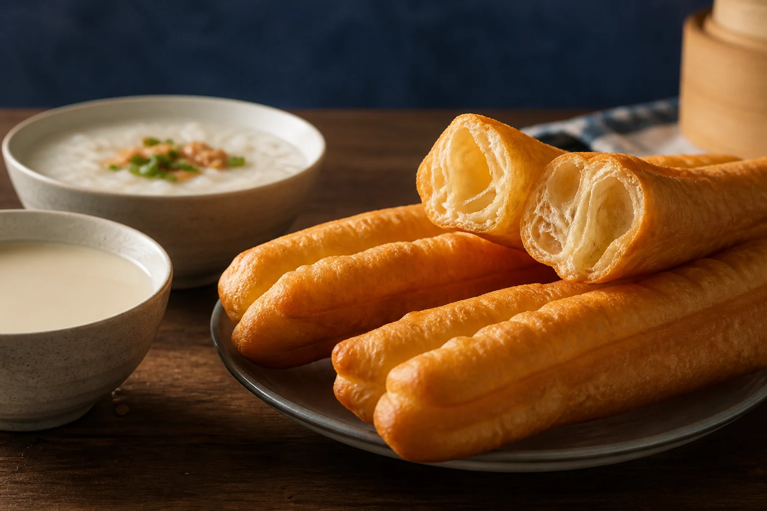 Long golden youtiao with an open airy cross-section, served with soy milk and congee