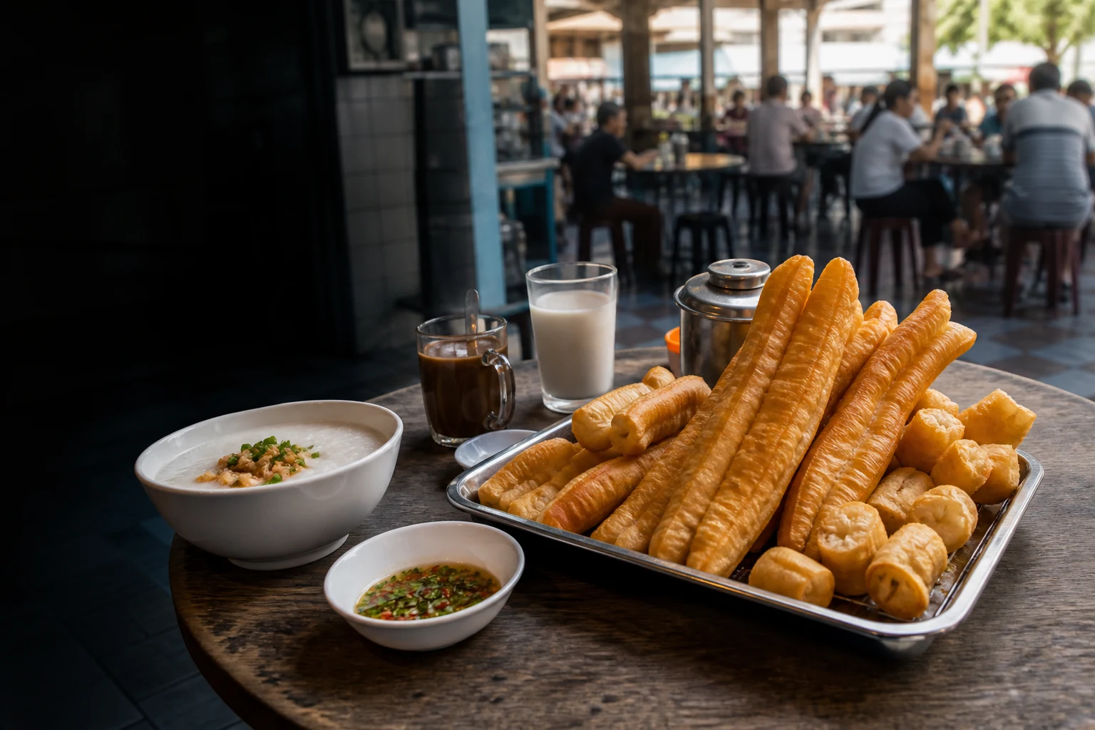 Youtiao breakfast serving in a contemporary Southeast Asian food-market setting