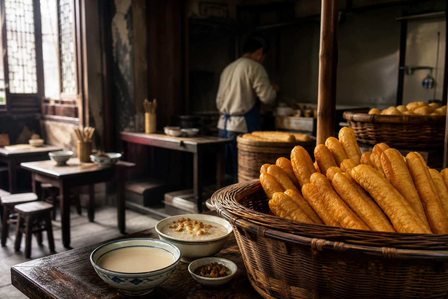 Traditional breakfast-shop scene with youtiao, soy milk and congee