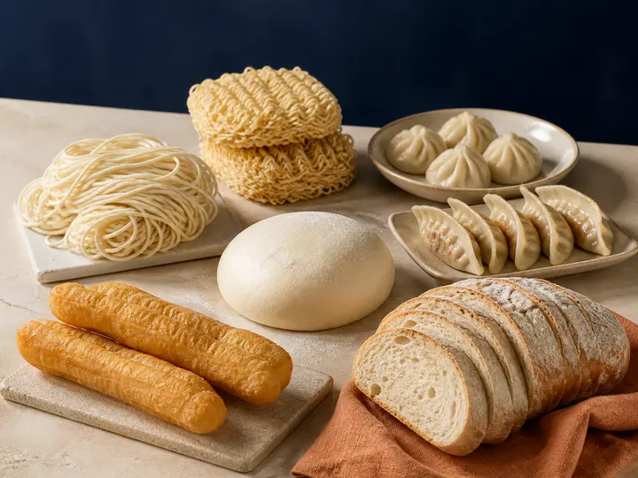 selection of noodles, dumplings, dough, bread and fried dough products