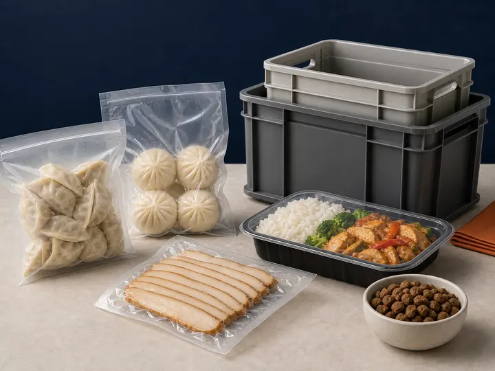 selection of pouch-packed, vacuum-packed and tray-packed foods with food-grade bins