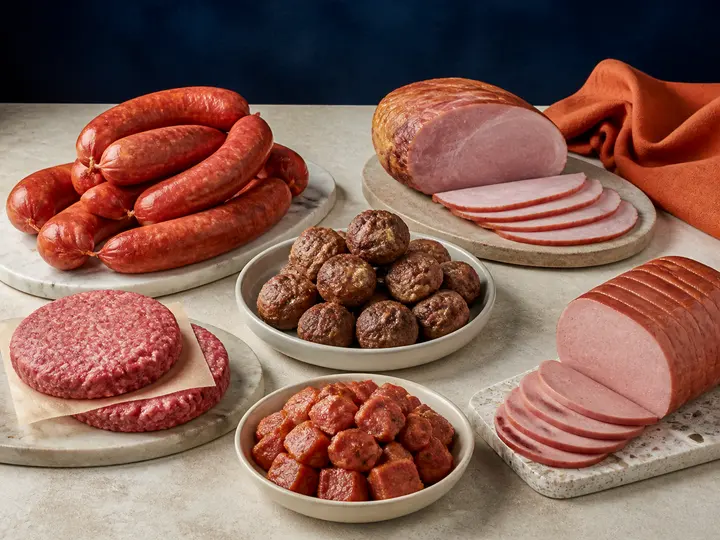selection of sausages, ham, meatballs, patties and luncheon meat