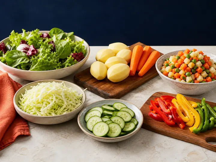 selection of washed, peeled, sliced, diced and dewatered vegetables