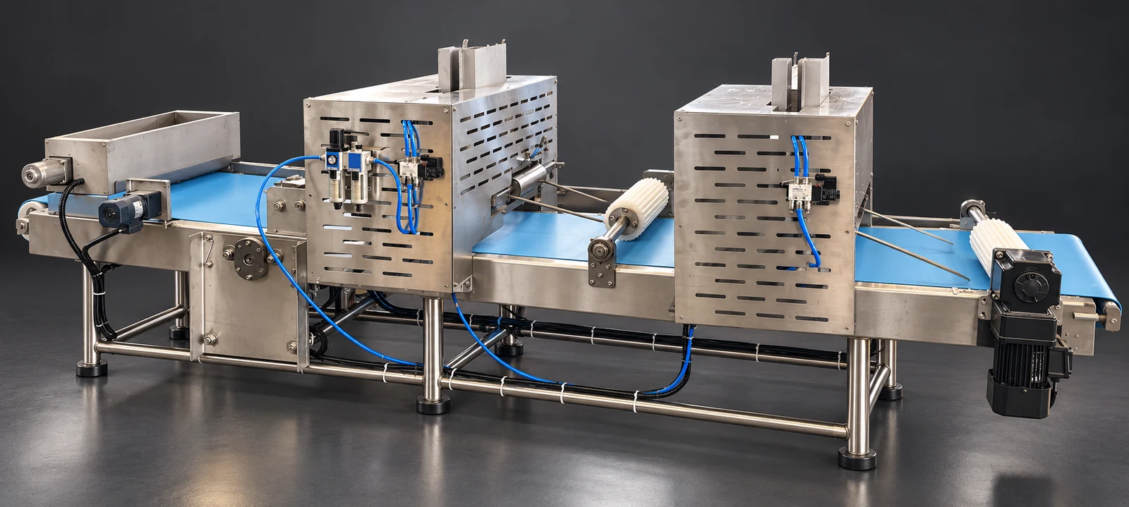 Automatic dough sheet winding unit with two stainless housings, blue conveyor, rollers and pneumatic lines