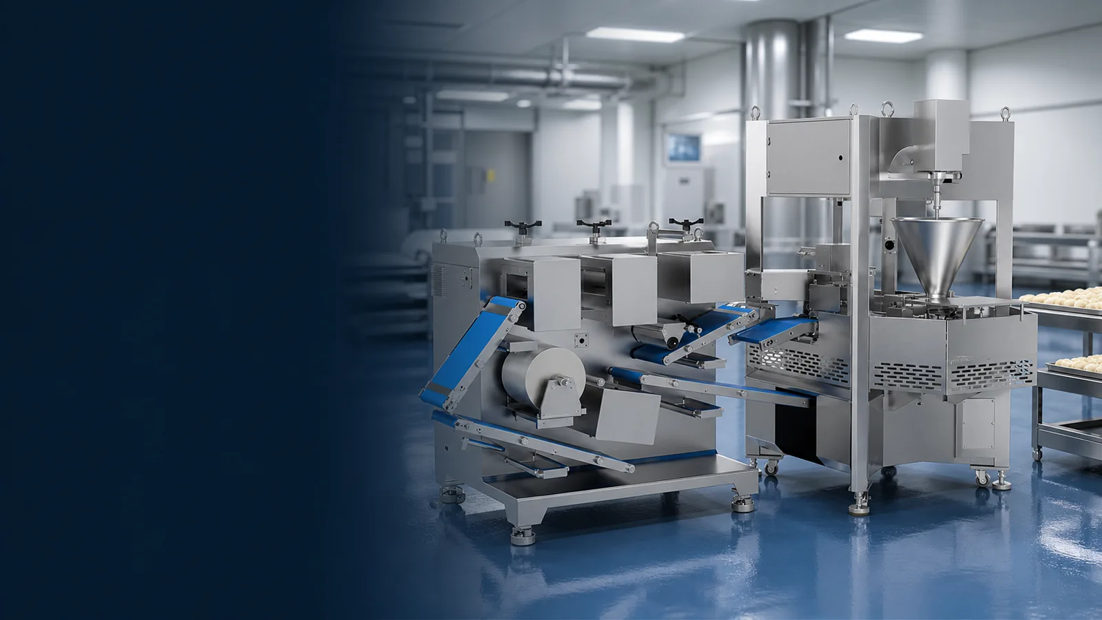 Automatic Wonton & Shumai Forming Machine installed in a hygienic factory