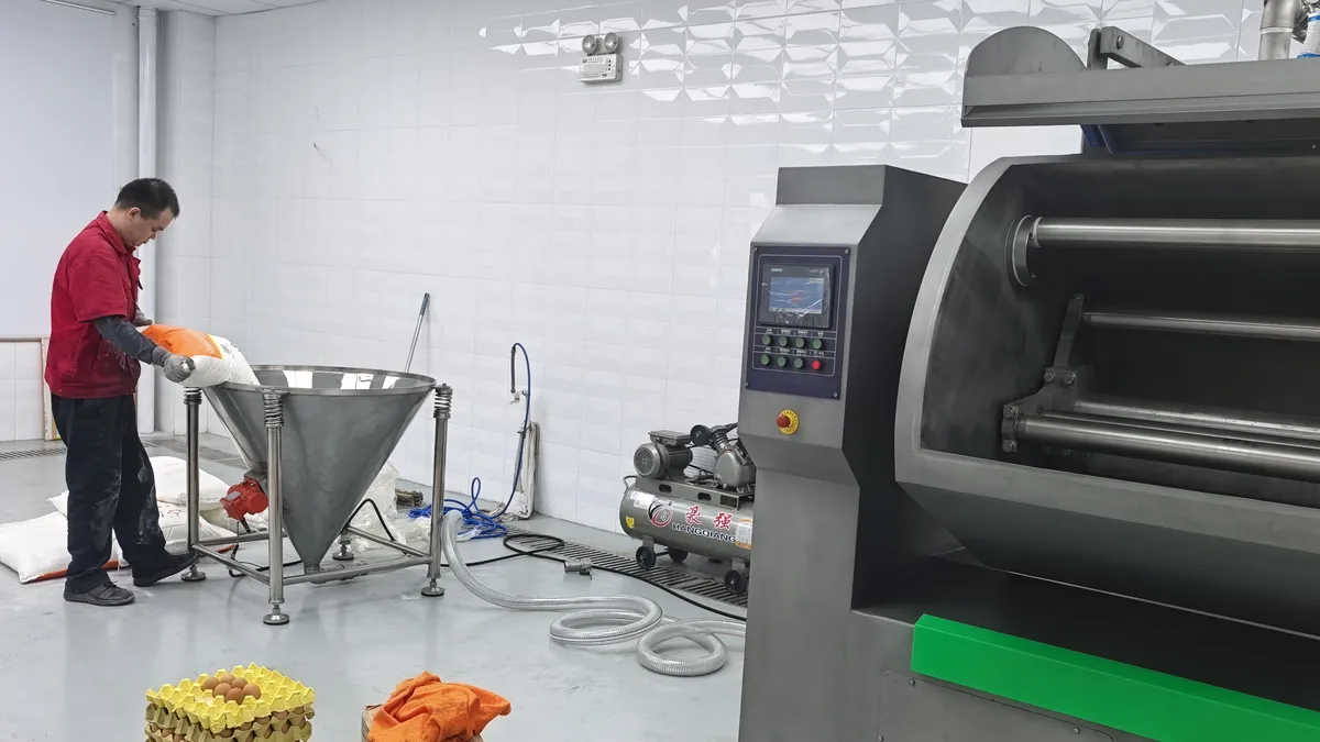 HM-300HP mixer and flour suction hopper during a factory test