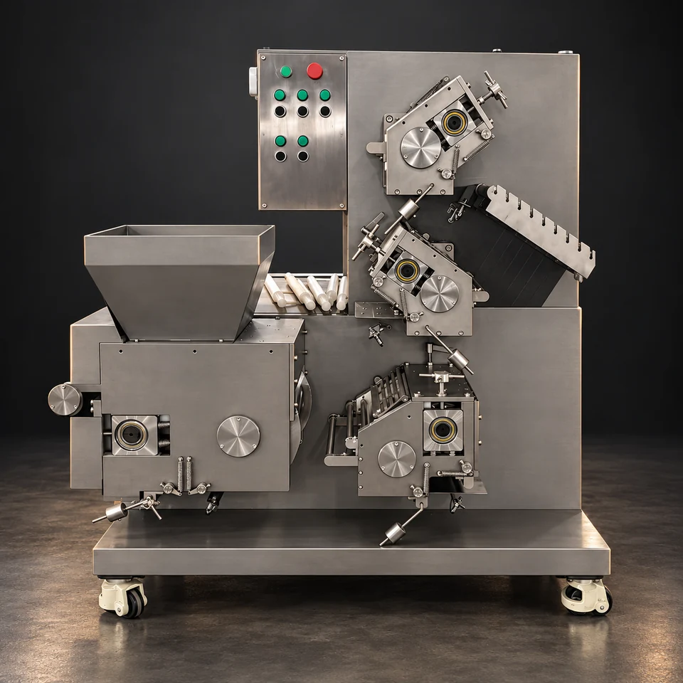 270 compound dough sheeting unit with hopper, button controls and roller adjustment assemblies