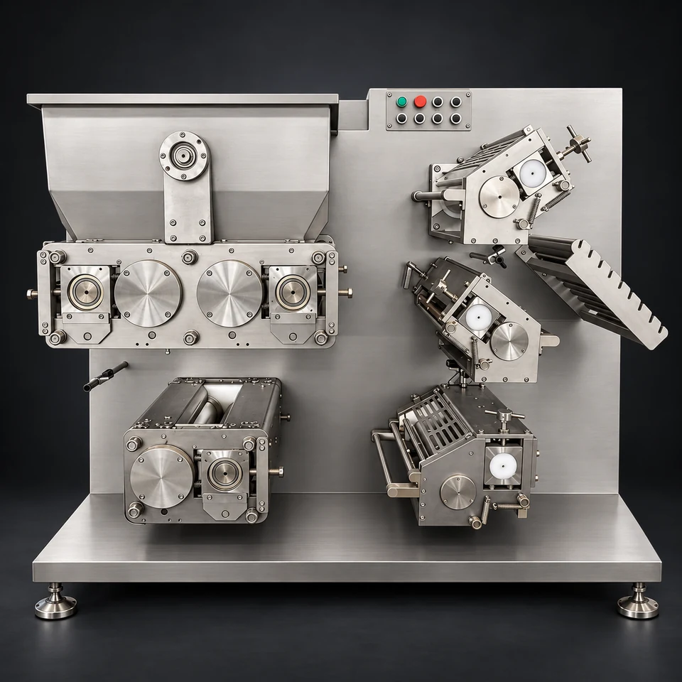 AI-assisted illustration of the 270III compound dough sheeting unit with integrated hopper and roller assemblies