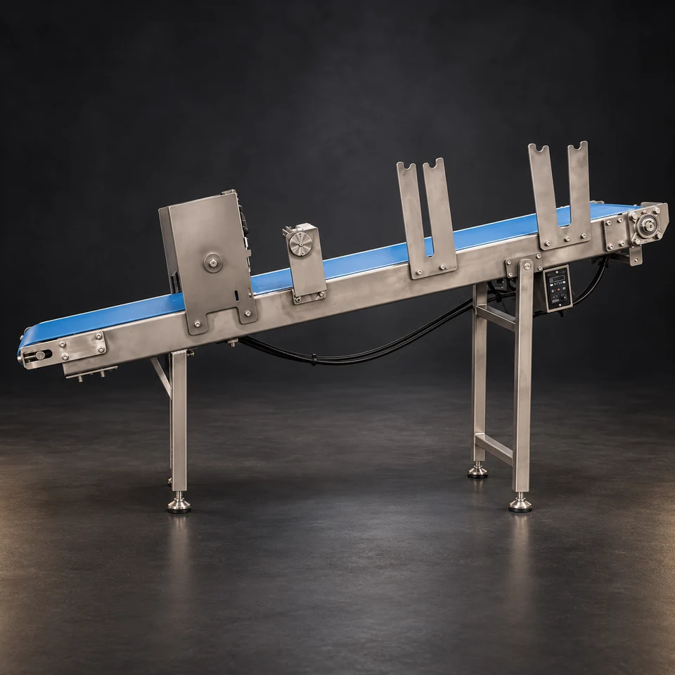 270 blue-belt dough sheet conveyor with flour dusting assembly and control box