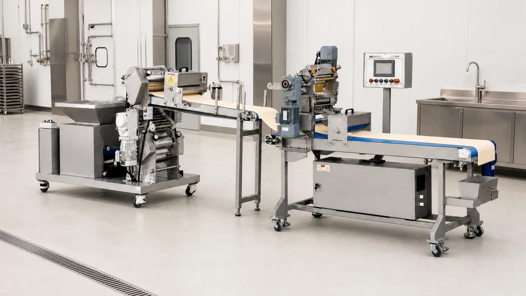 Conceptual dough sheeter production cell in a hygienic food factory