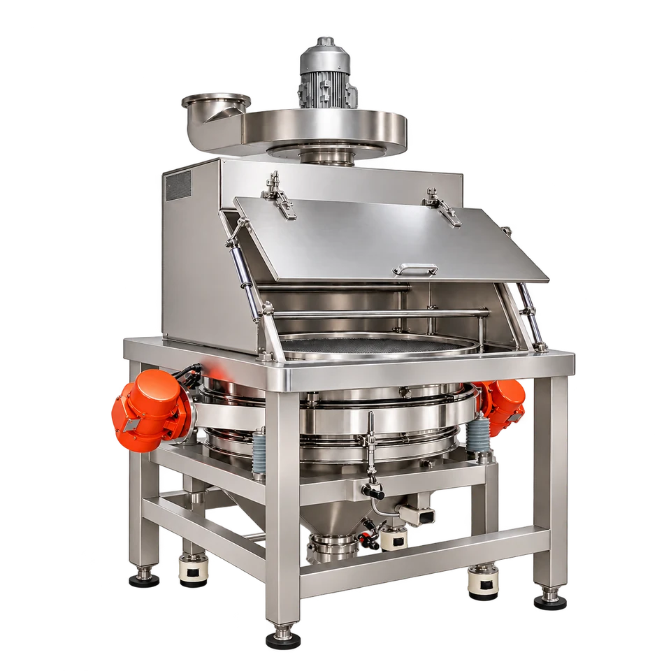 GFH-1000 4-bag dust-controlled vibrating flour sifter and hopper product visualization