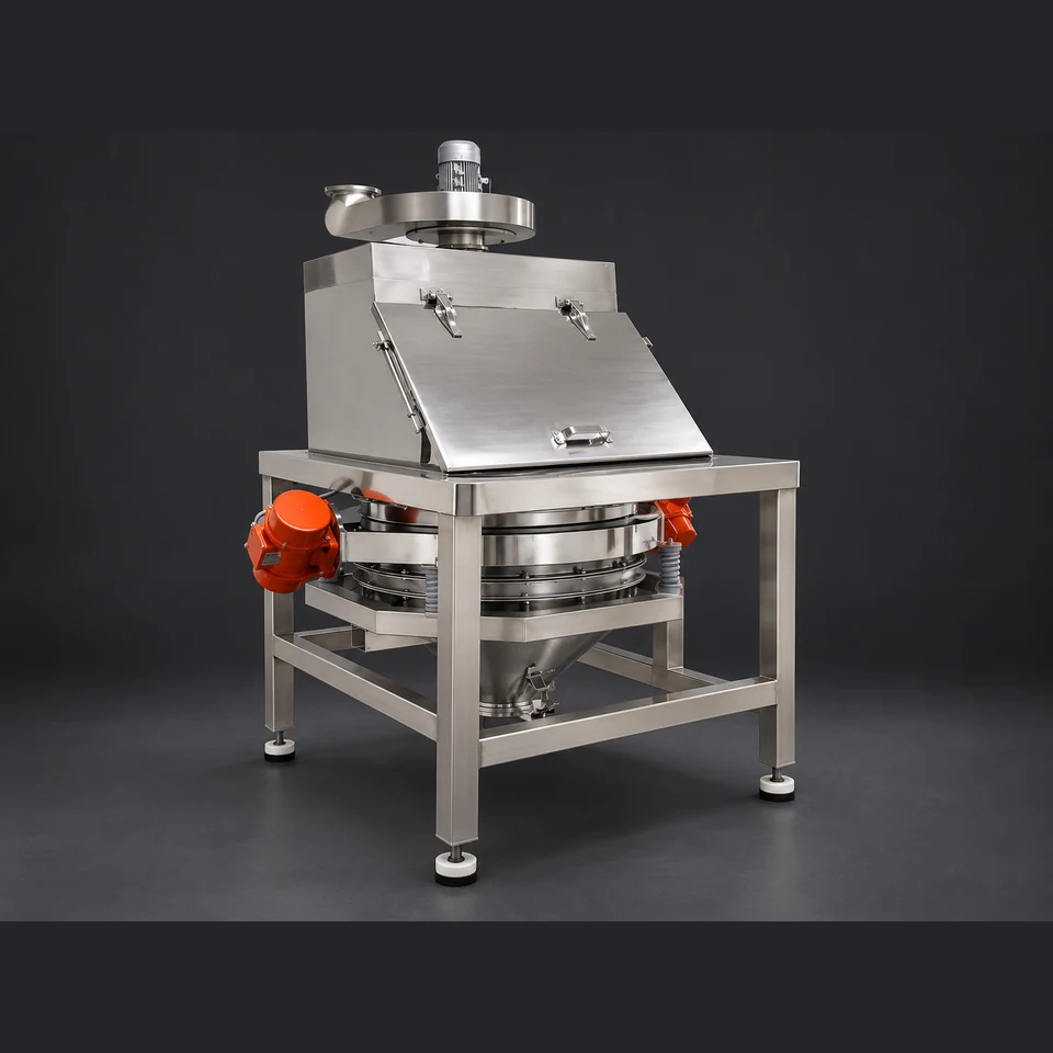 Standalone dust-controlled vibrating sifter with upper loading chamber, circular screen and lower hopper