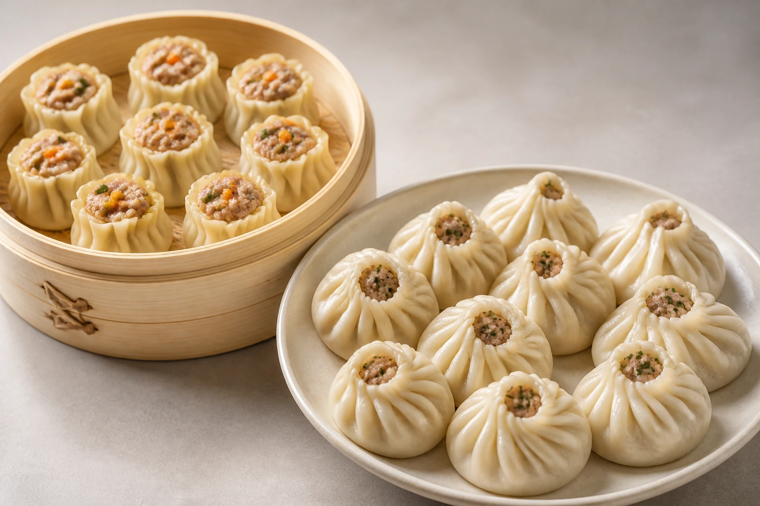 Shumai and khinkali-style filled products made by automated forming equipment