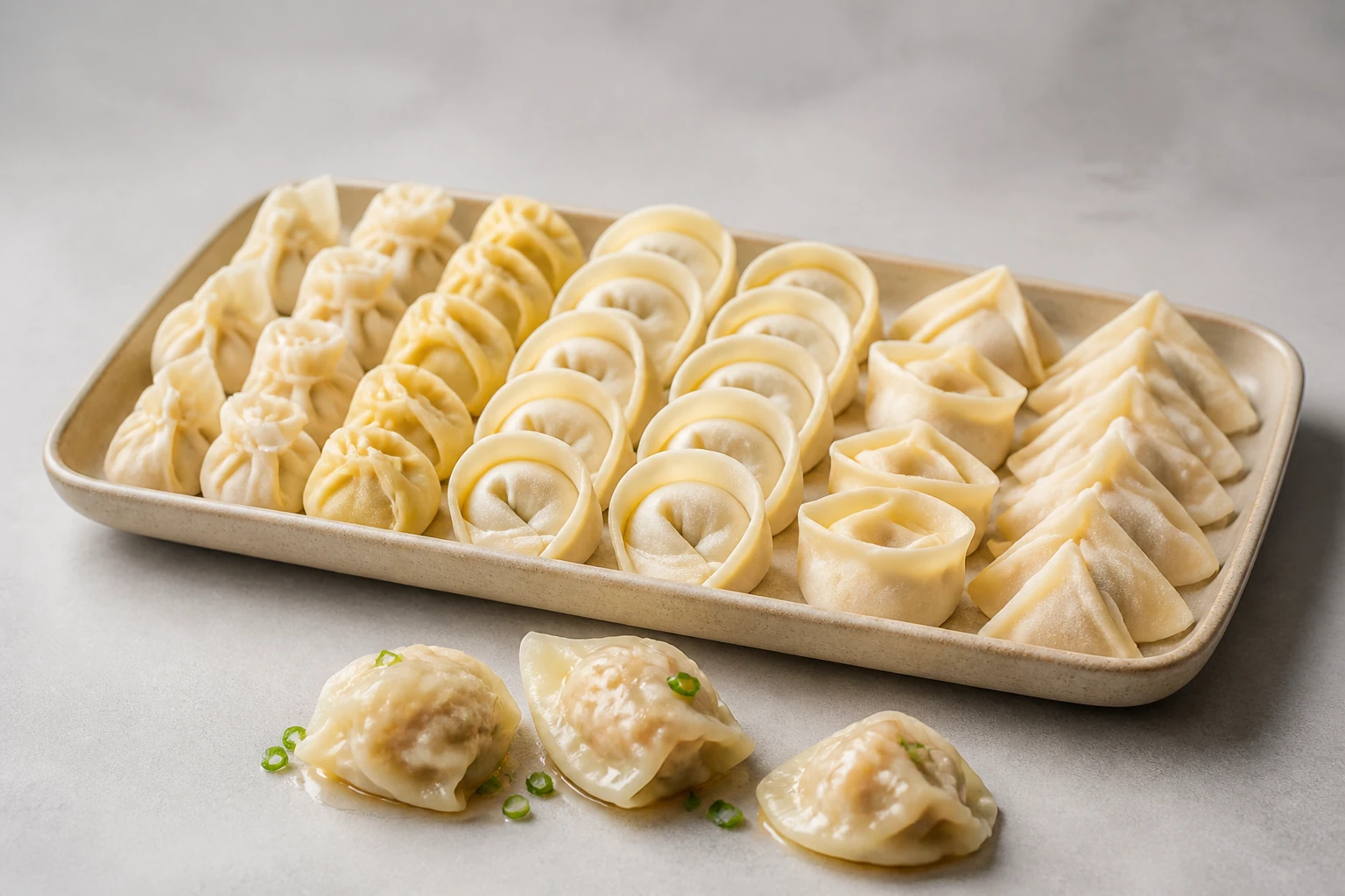 Uniform wontons in several folded shapes made by automated forming equipment
