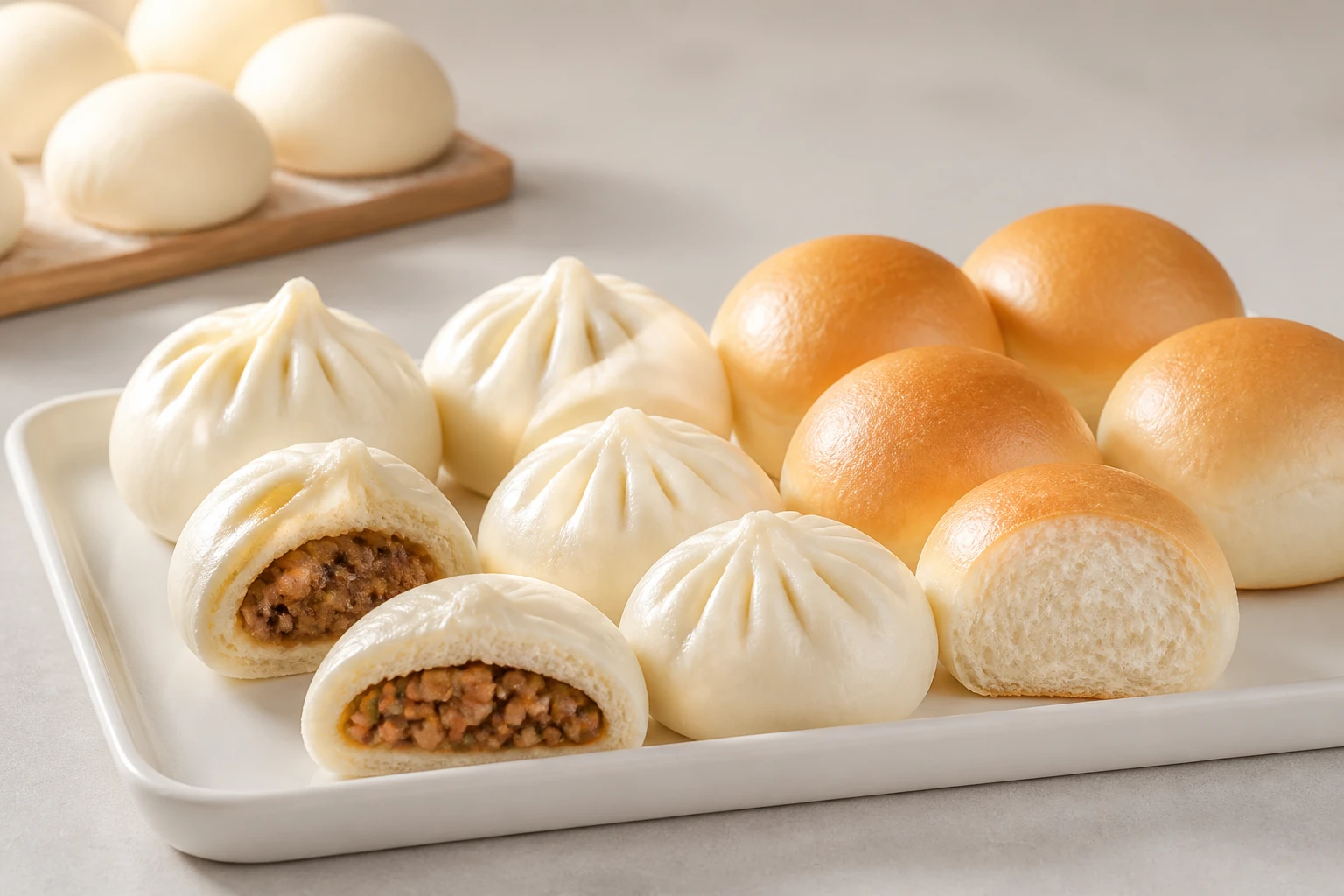 Bao, steamed buns and bread rolls produced from mixed dough