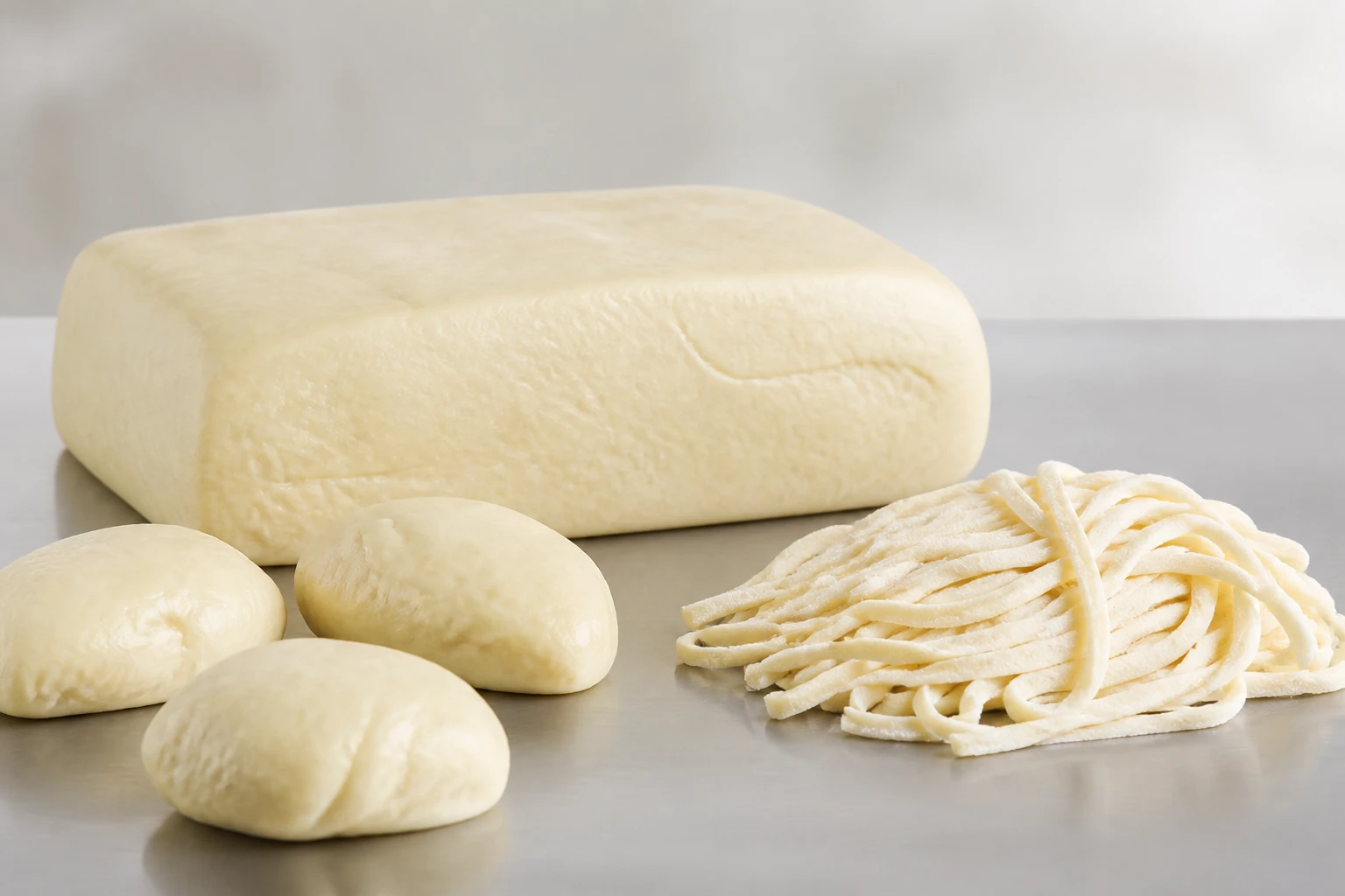 Mixed noodle dough and fresh noodles prepared for noodle production
