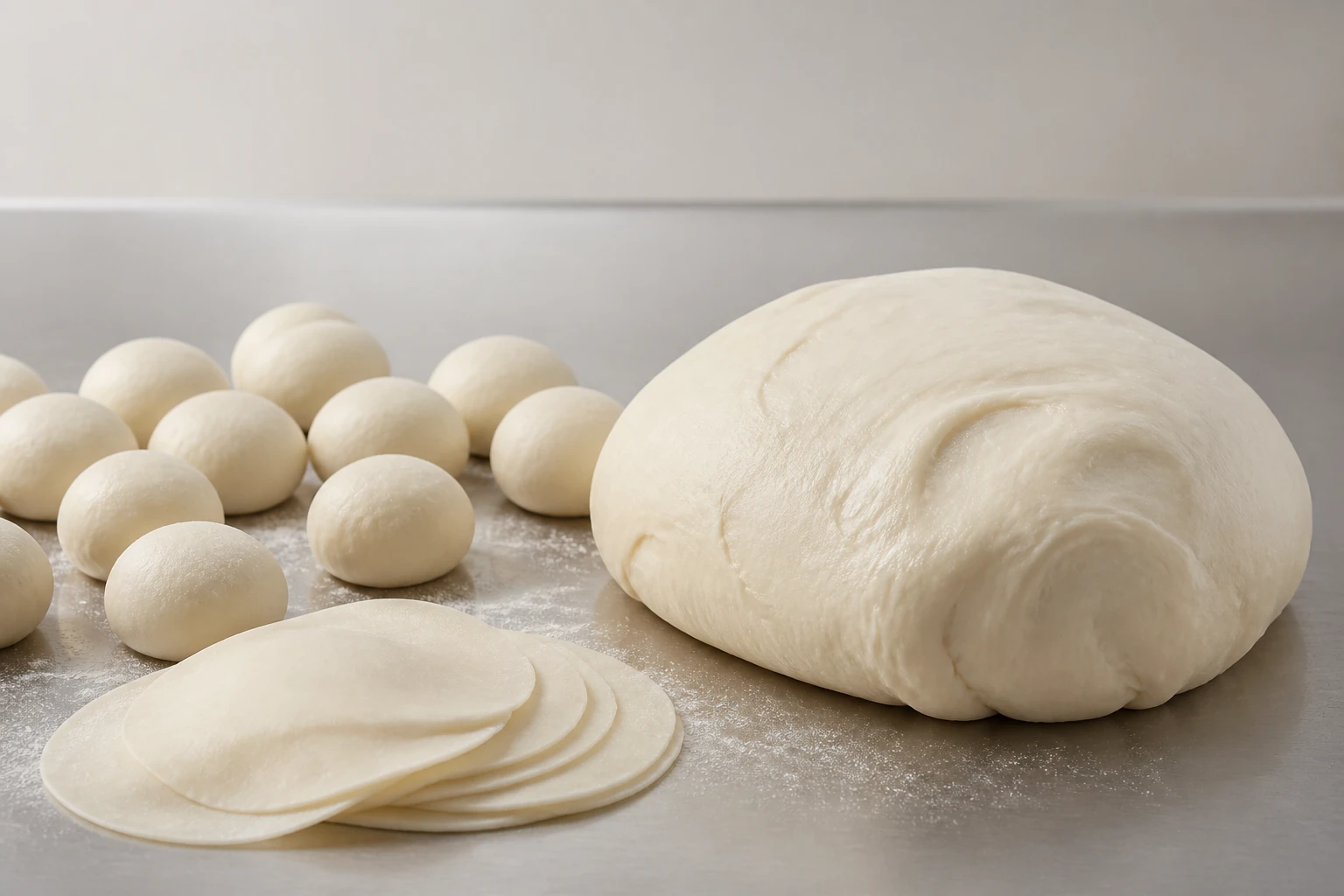 Mixed dough and wrapper sheets prepared for dumpling production