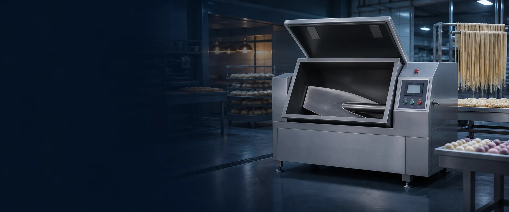 HELPER horizontal vacuum dough mixer with an open hinged lid and smooth chamber rim