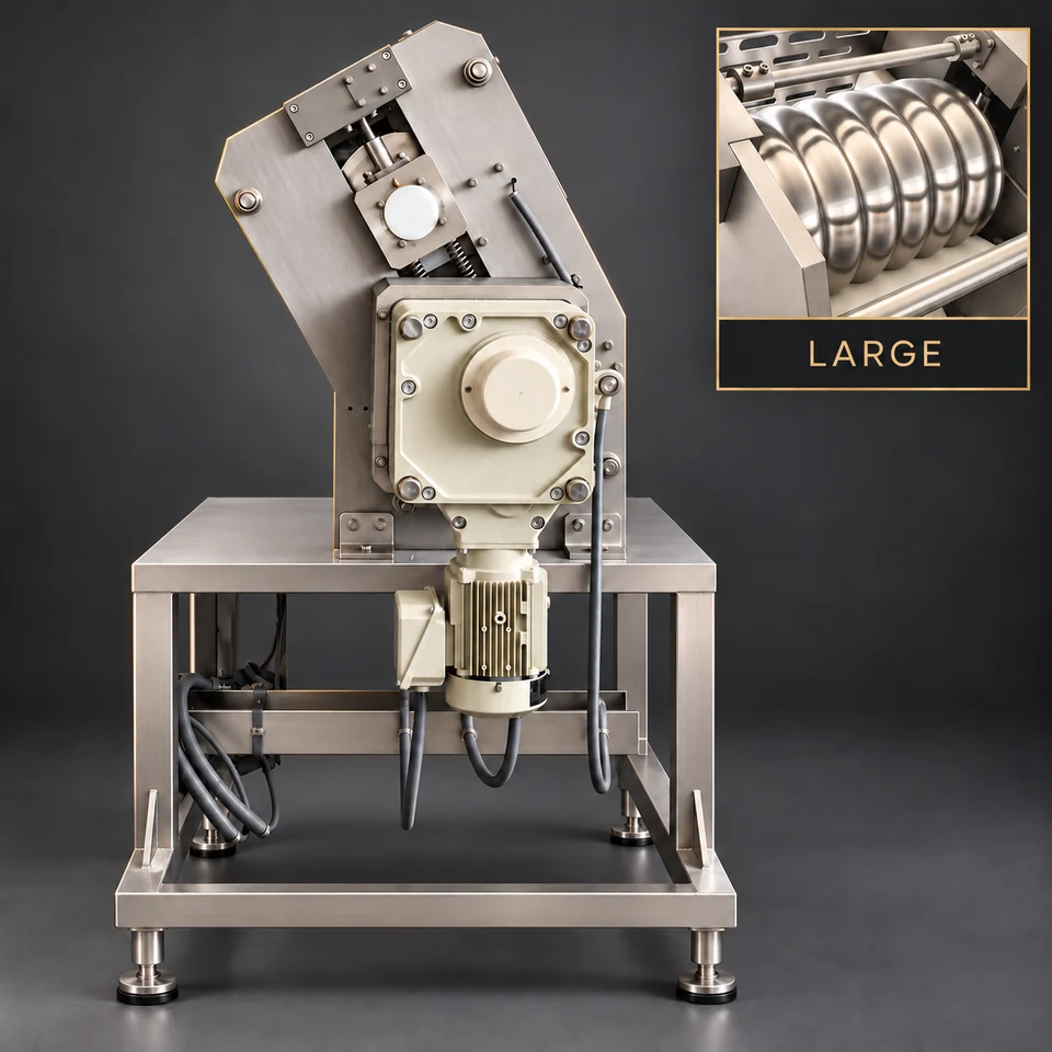 Large Corrugated Rolling Unit: gear-side view with large-wave roller detail inset