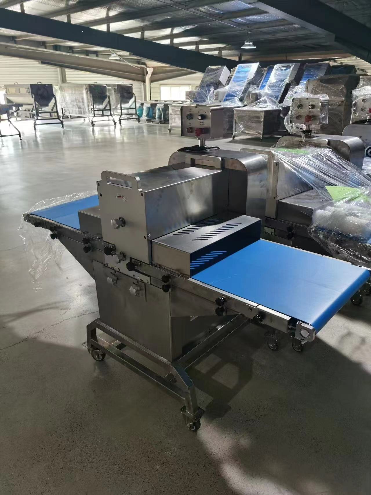LC-500 meat cutter with blue conveyor belts photographed in the factory