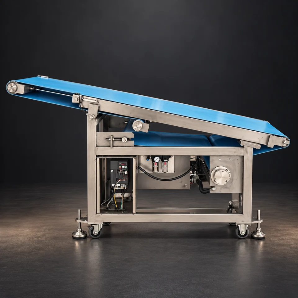 Lifting Conveyor Unit with blue belt and stainless supporting frame
