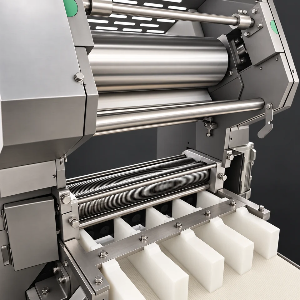 Smooth-roller dough rolling unit cutting view