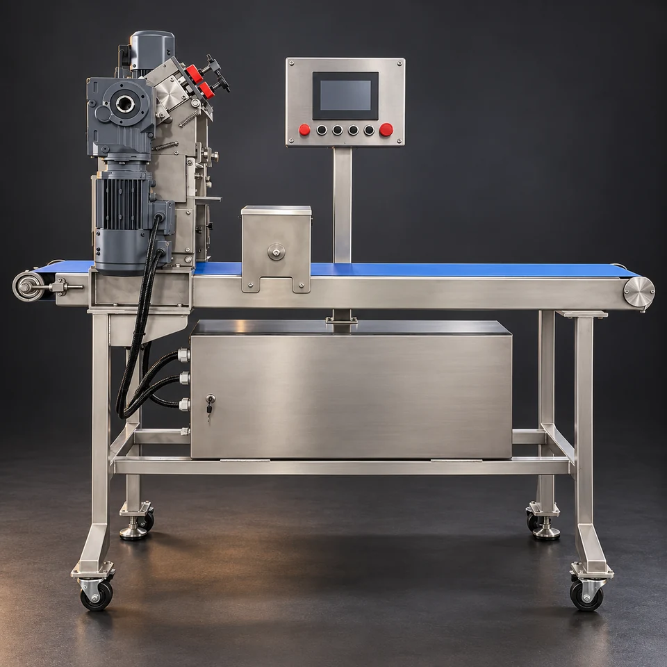 270 noodle forming unit with vertical drive head, blue belt, control console and wheeled frame