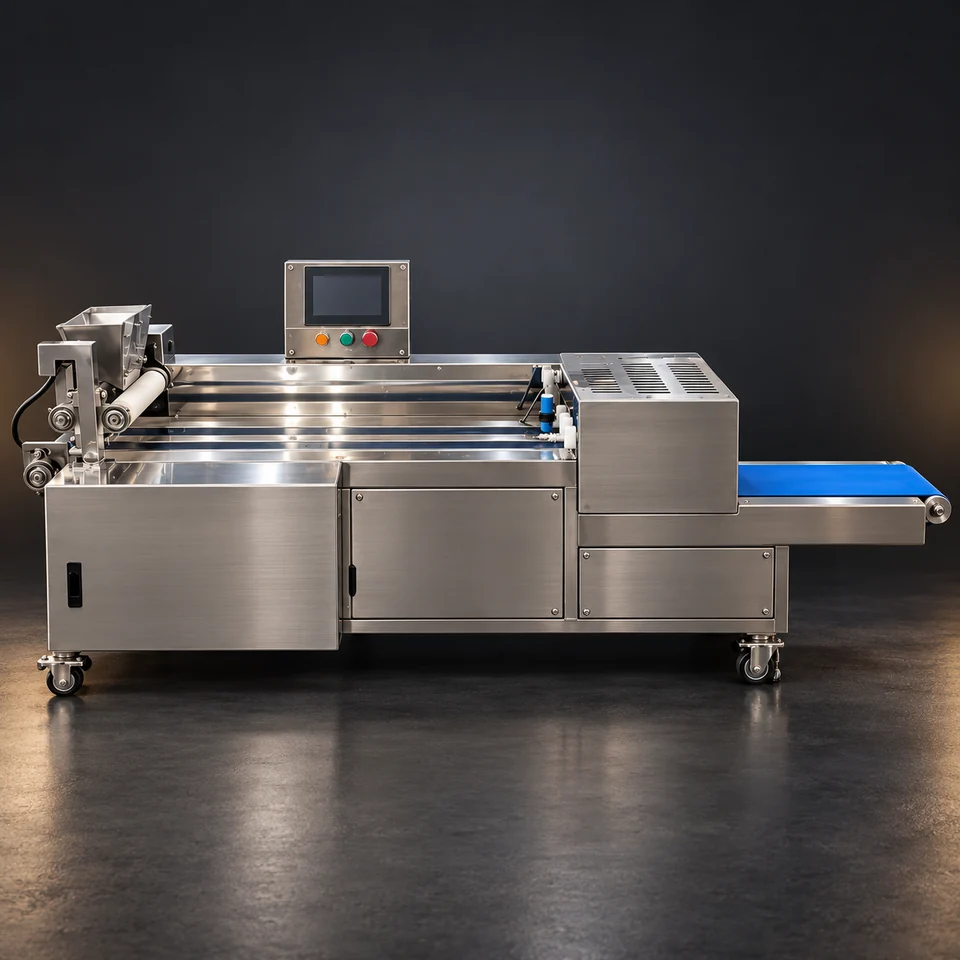 Noodle nest forming machine with inlet rollers, operator screen, enclosed forming section and blue outfeed belt