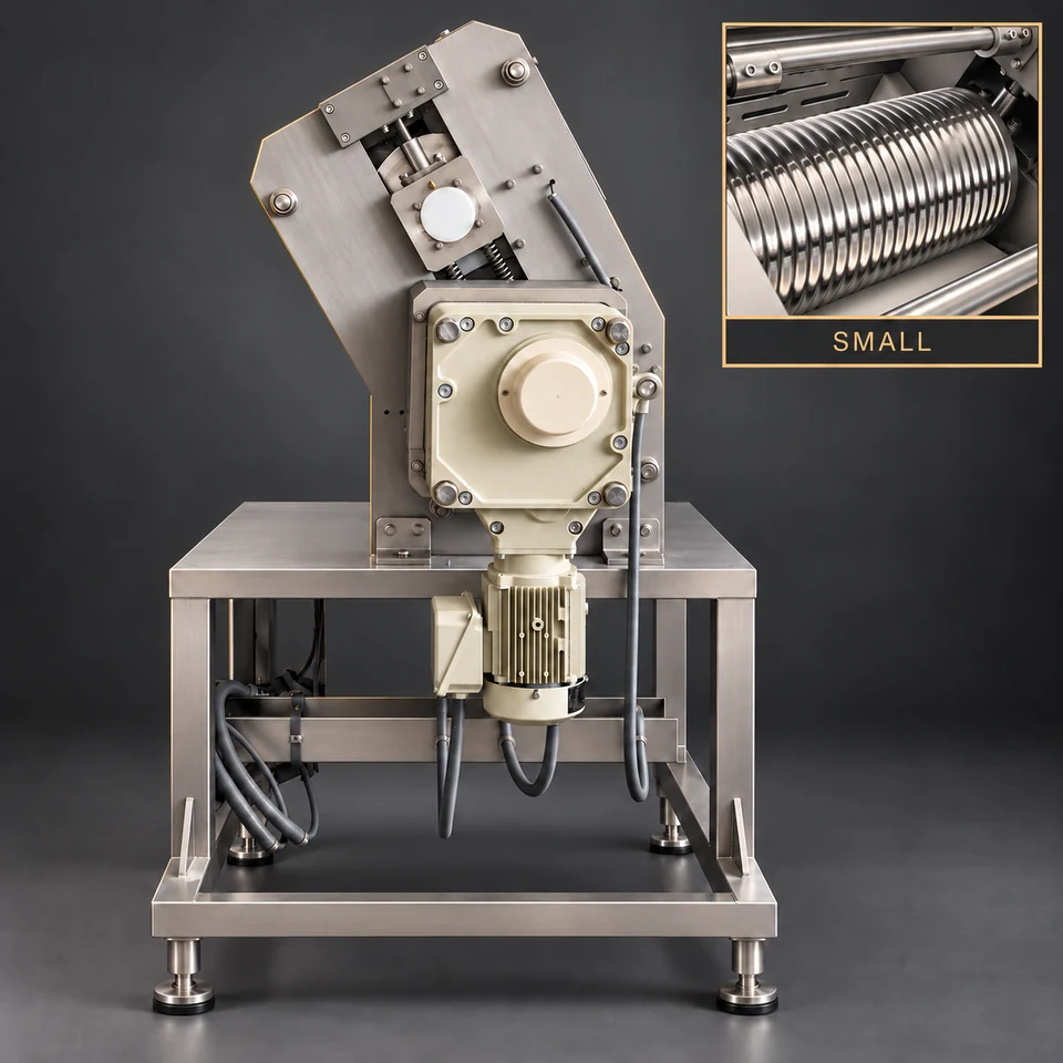 Small Corrugated Rolling Unit: gear-side view with small-wave roller detail inset